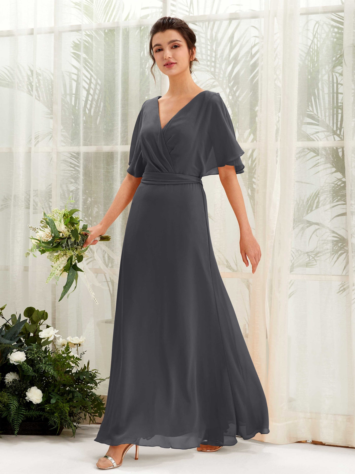 Pewter Bridesmaid Dresses Bridesmaid Dress A-line Chiffon V-neck Full Length Short Sleeves Wedding Party Dress (81222438)#color_pewter