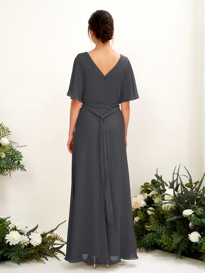 Carlyna Merta A-Line Pewter Bridesmaid Dress Maxi Short Sleeve V-Neck Dress Back View #color_pewter