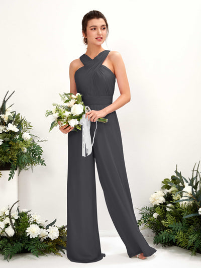 Carlyna Hilona Jumpsuit Pewter Bridesmaid Dress Maxi Sleeveless V-Neck Dress Front View #color_pewter