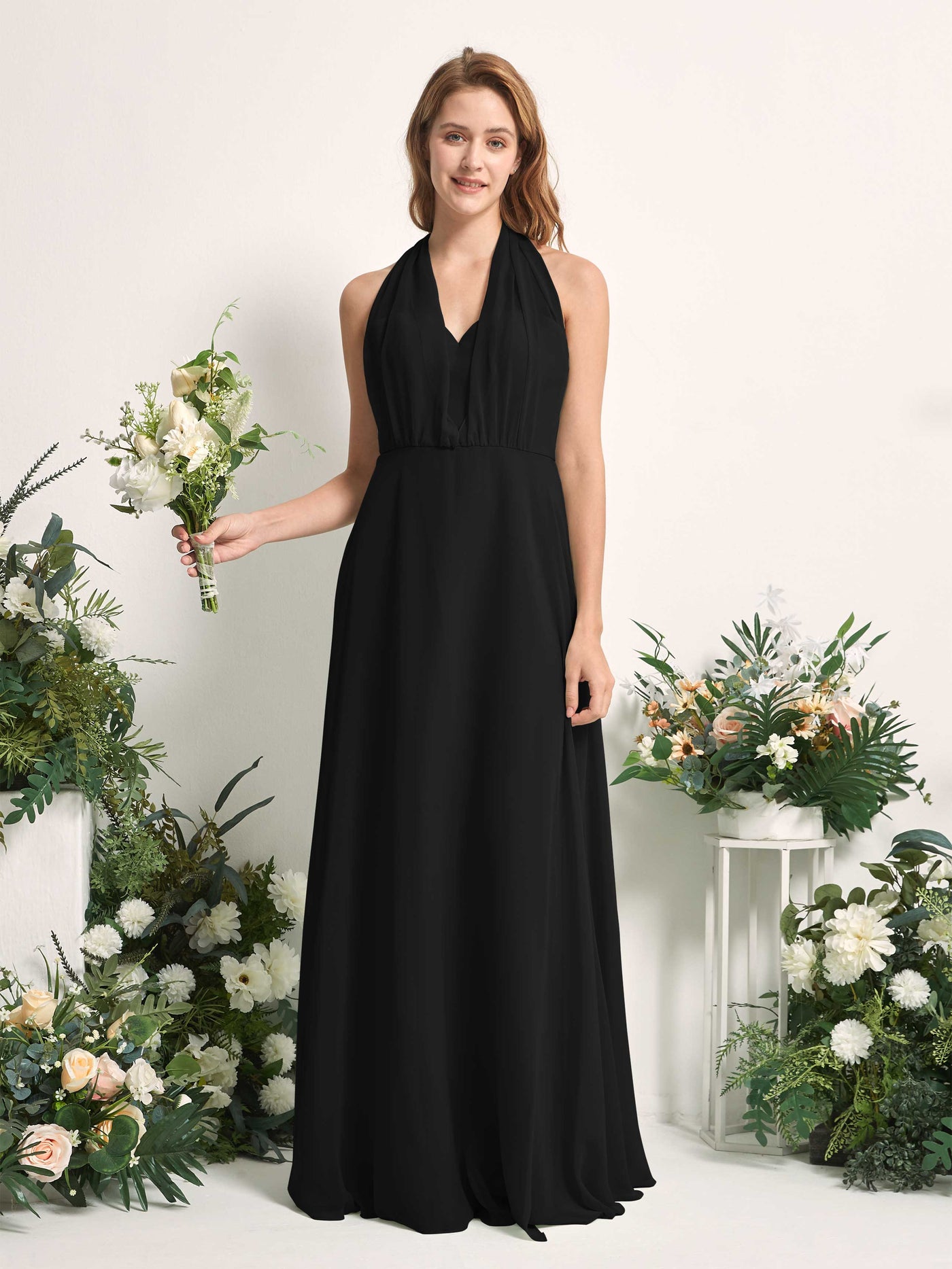 Black Bridesmaid Dresses Bridesmaid Dress A-line Chiffon Halter Full Length Short Sleeves Wedding Party Dress (81226315)#color_black