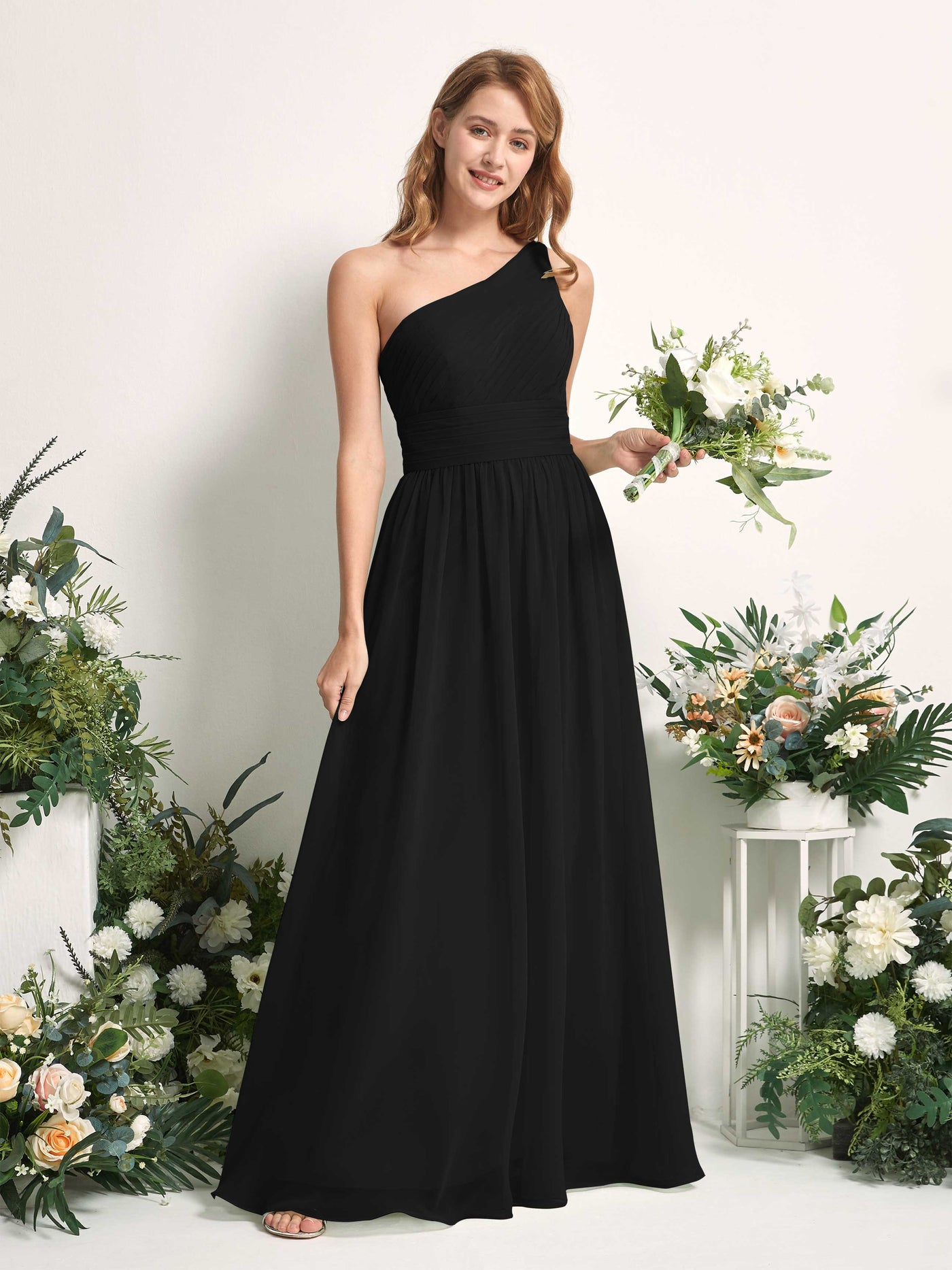 Bridesmaid Dress A-line Chiffon One Shoulder Full Length Sleeveless Wedding Party Dress - Black (81226715)#color_black
