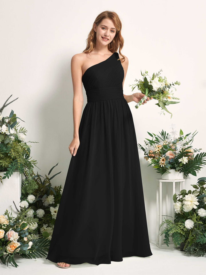 Bridesmaid Dress A-line Chiffon One Shoulder Full Length Sleeveless Wedding Party Dress - Black (81226715)