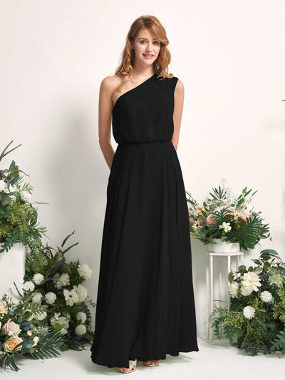 Carlyna Cecily A-Line Black Bridesmaid Dress Maxi Sleeveless One Shoulder Dress Front View #color_black