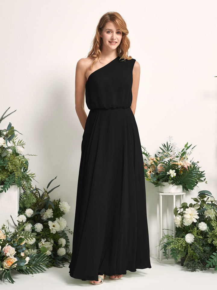 Bridesmaid Dress A-line Chiffon One Shoulder Full Length Sleeveless Wedding Party Dress - Black (81226815)