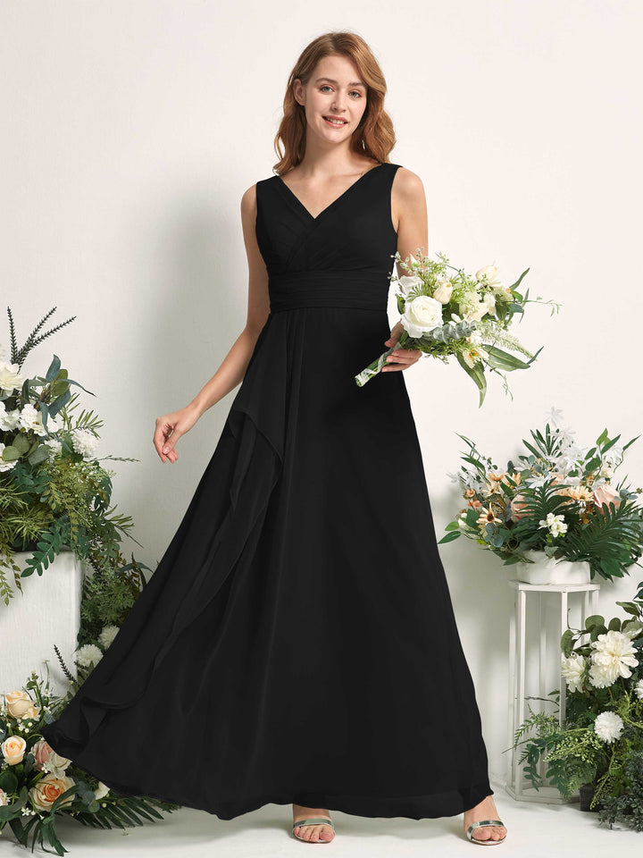 Bridesmaid Dress A-line Chiffon V-neck Full Length Sleeveless Wedding Party Dress - Black (81227115)