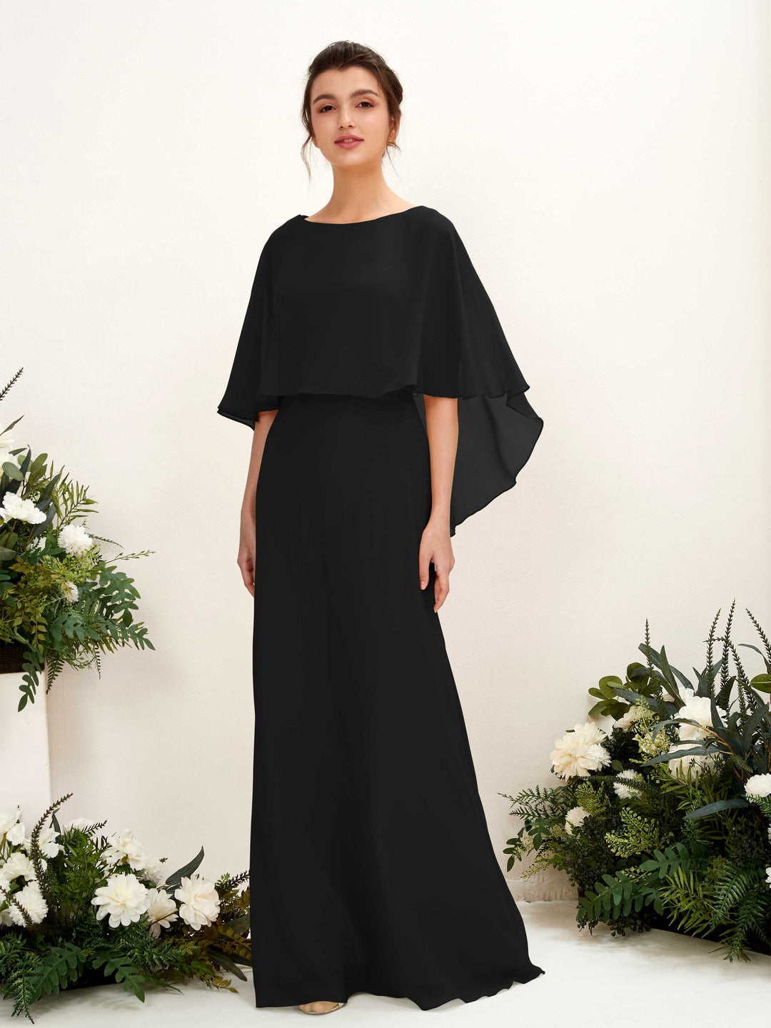 black boat neck bridesmaid dress B253023 Sophisticated Soft Crepe A-line Gown with Roll Over Boat Neckline and Cowl Back