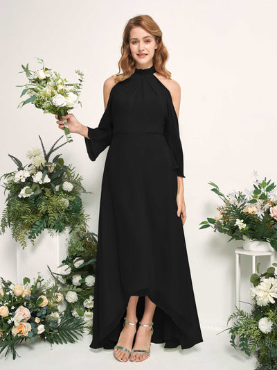 Bridesmaid Dress A-line Chiffon Halter High Low 3/4 Sleeves Wedding Party Dress - Black (81227615)#color_black