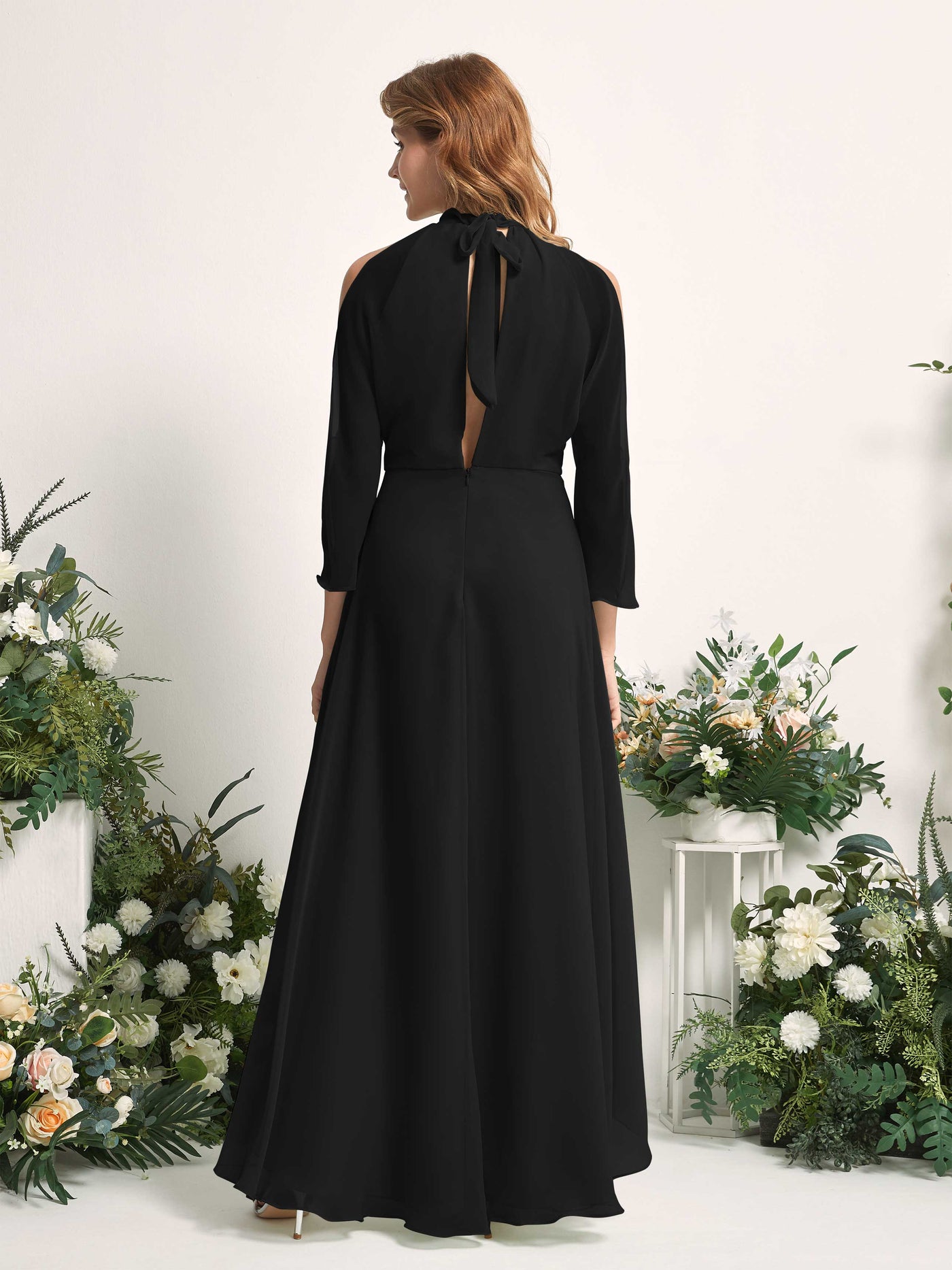 Bridesmaid Dress A-line Chiffon Halter High Low 3/4 Sleeves Wedding Party Dress - Black (81227615)#color_black
