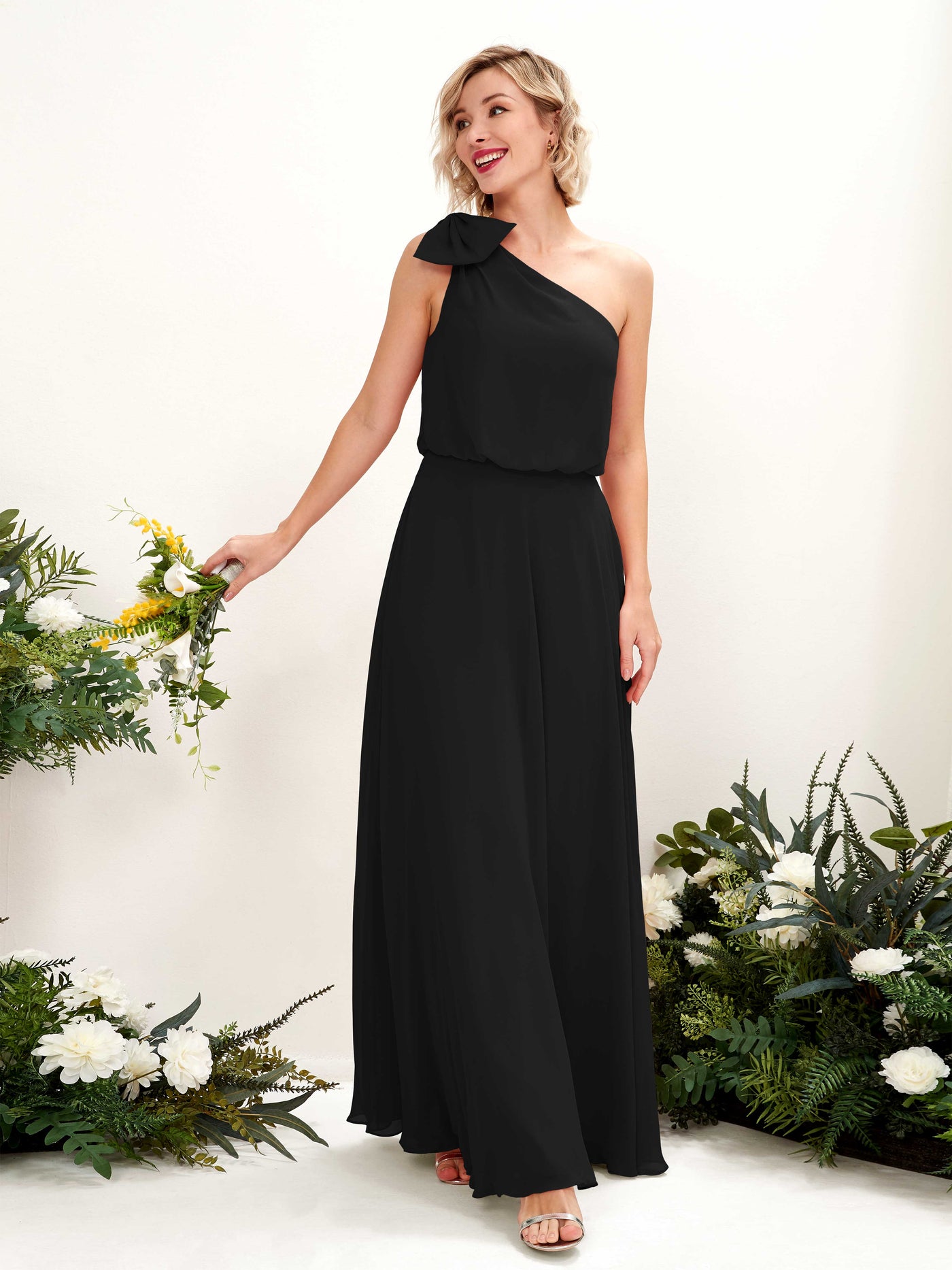 Black Bridesmaid Dresses Bridesmaid Dress A-line Chiffon One Shoulder Full Length Sleeveless Wedding Party Dress (81225515)#color_black