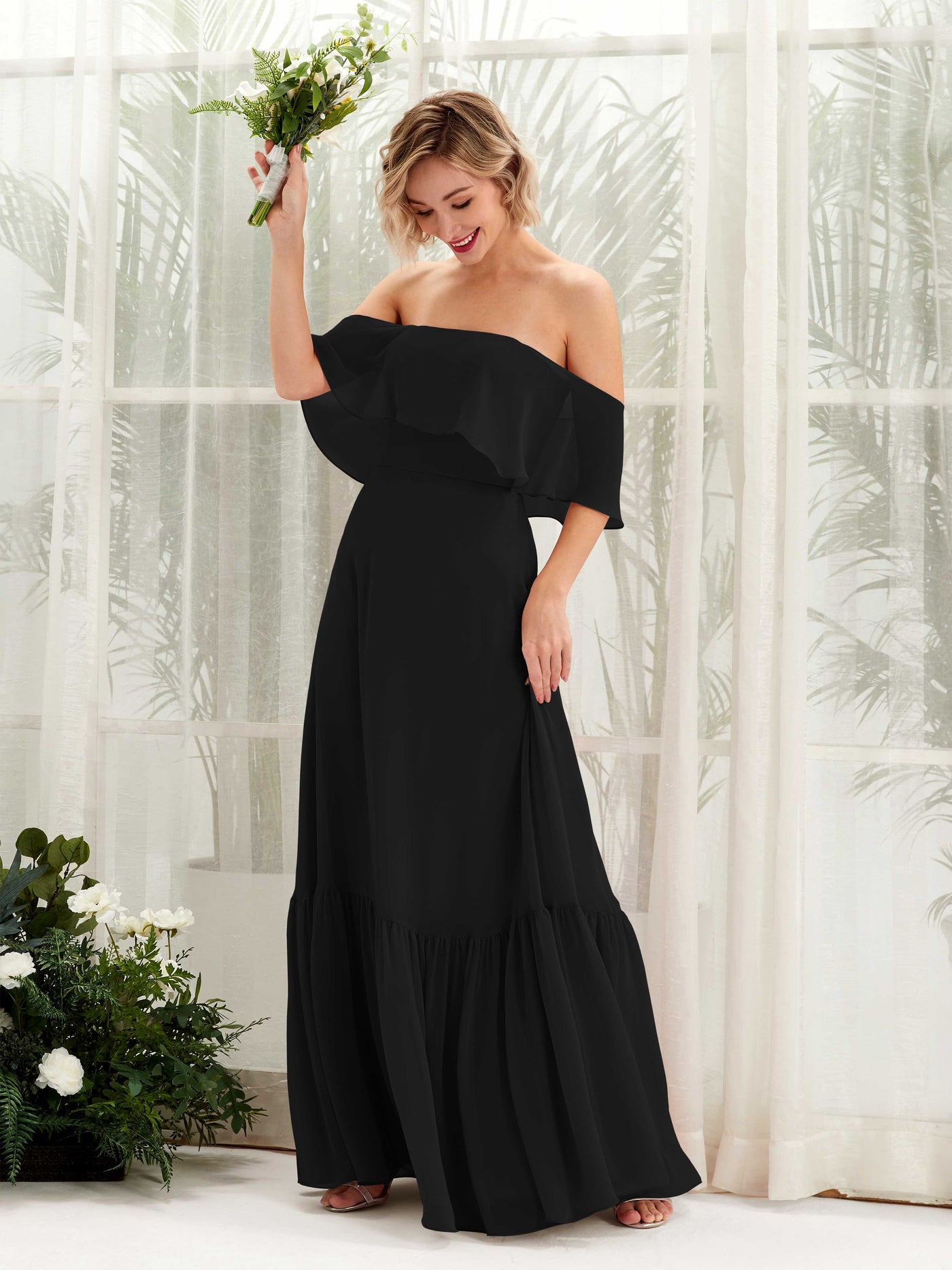 Black Bridesmaid Dresses Bridesmaid Dress A-line Chiffon Off Shoulder Full Length Sleeveless Wedding Party Dress (81224515)#color_black