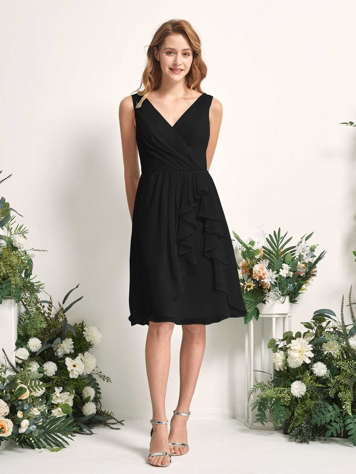 Bridesmaid Dress A-line Chiffon Straps Knee Length Sleeveless Wedding Party Dress - Black (81226615)