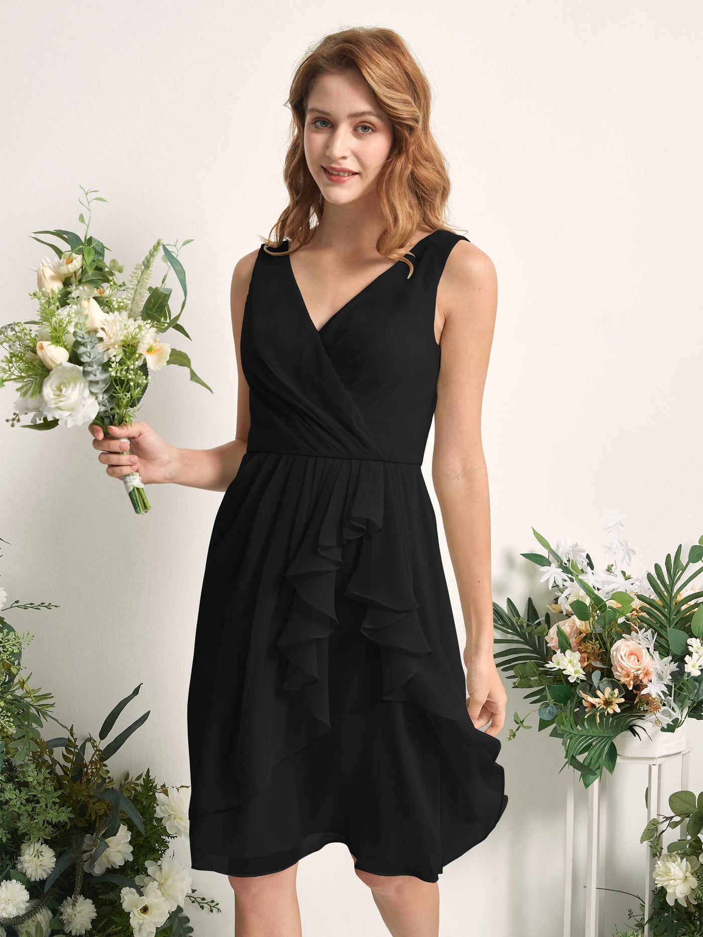 Bridesmaid Dress A-line Chiffon Straps Knee Length Sleeveless Wedding Party Dress - Black (81226615)#color_black