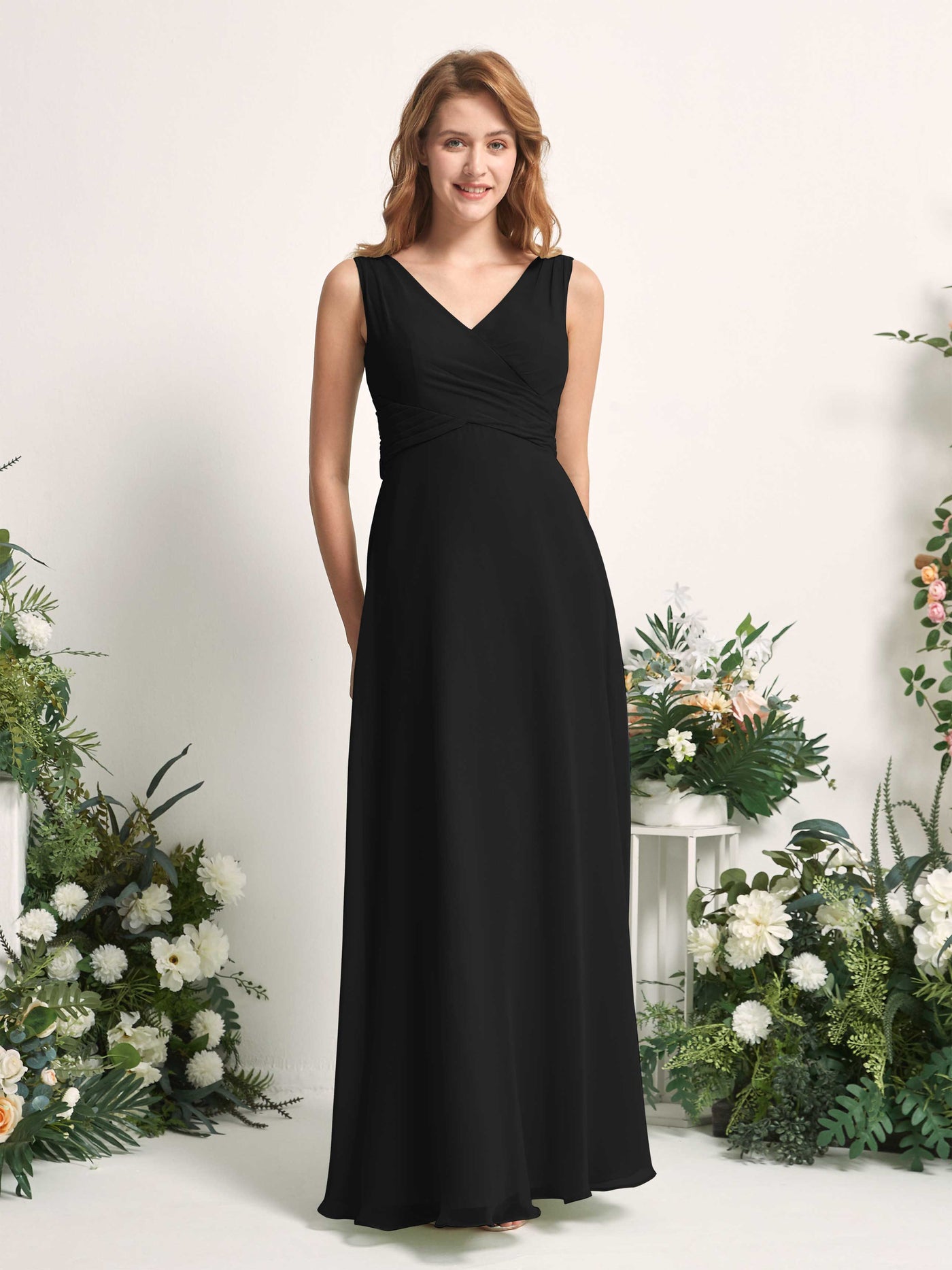 Bridesmaid Dress A-line Chiffon Straps Full Length Sleeveless Wedding Party Dress - Black (81227315)#color_black