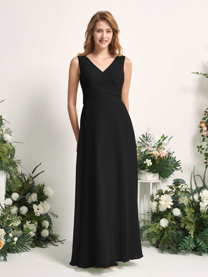 Bridesmaid Dress A-line Chiffon Straps Full Length Sleeveless Wedding Party Dress - Black (81227315)