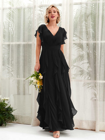 A-line Open back V-neck Short Sleeves Chiffon Bridesmaid Dress - Black (81226015)#color_black
