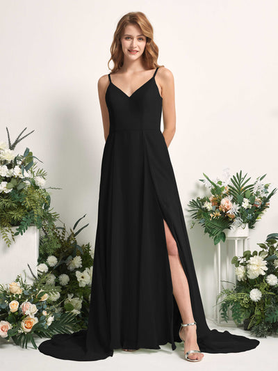 Carlyna Marcia A-Line Black Bridesmaid Dress Maxi Sleeveless V-Neck Dress Front View #color_black