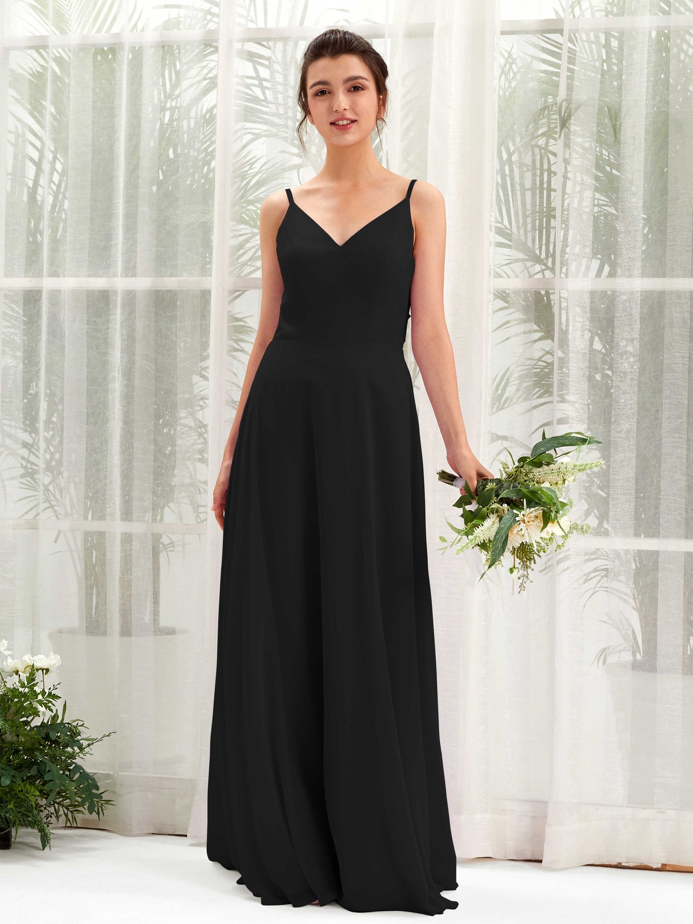 Black Bridesmaid Dresses Bridesmaid Dress A-line Chiffon Spaghetti-straps Full Length Sleeveless Wedding Party Dress (81220615)#color_black