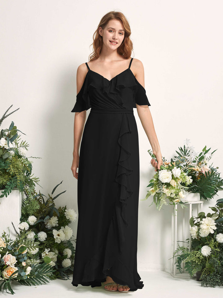 Bridesmaid Dress A-line Chiffon Spaghetti-straps Full Length Sleeveless Wedding Party Dress - Black (81227415)