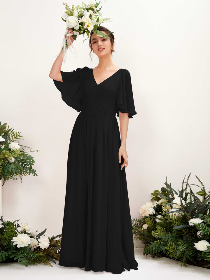 Black Bridesmaid Dresses Bridesmaid Dress A-line Chiffon V-neck Full Length 1/2 Sleeves Wedding Party Dress (81221615)