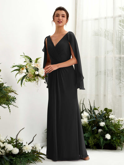 Black Bridesmaid Dresses Bridesmaid Dress A-line Chiffon Straps Full Length Long Sleeves Wedding Party Dress (80220115)#color_black