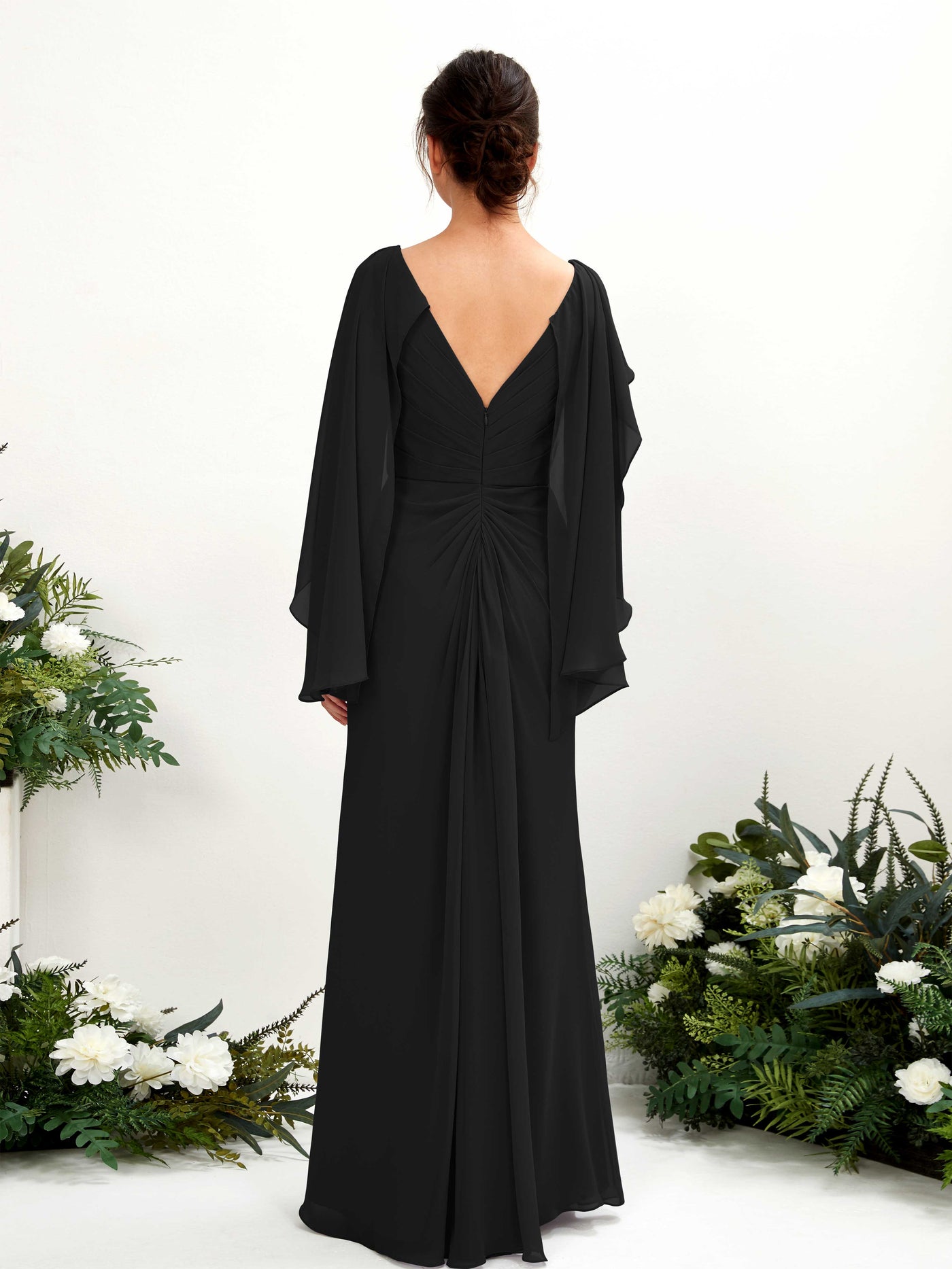 Black Bridesmaid Dresses Bridesmaid Dress A-line Chiffon Straps Full Length Long Sleeves Wedding Party Dress (80220115)#color_black