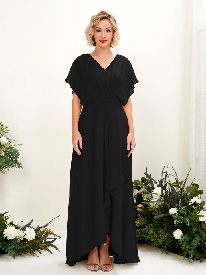 Black Bridesmaid Dresses Bridesmaid Dress A-line Chiffon V-neck Full Length Short Sleeves Wedding Party Dress (81222115)