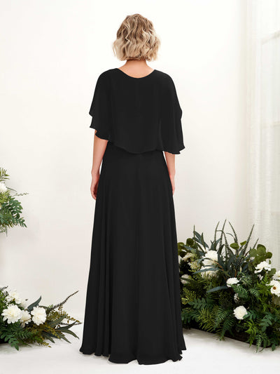 Carlyna Winnie A-Line Black Bridesmaid Dress Maxi Short Sleeve V-Neck Dress Back View #color_black