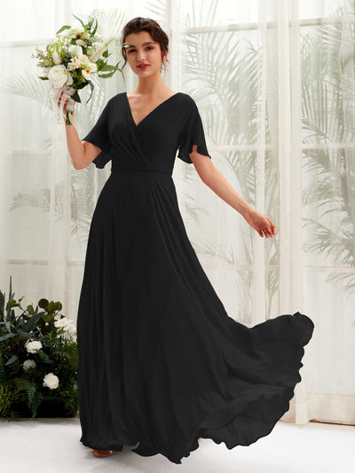 Black Bridesmaid Dresses Bridesmaid Dress A-line Chiffon V-neck Full Length Short Sleeves Wedding Party Dress (81224615)#color_black