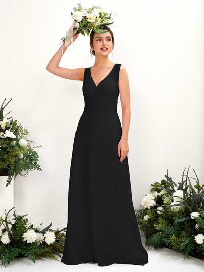 Carlyna Karen A-Line Black Bridesmaid Dress Maxi Sleeveless V-Neck Dress Front View #color_black
