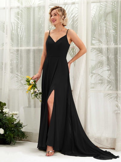 Carlyna Mana A-Line Black Bridesmaid Dress Maxi Sleeveless V-Neck Dress Front View #color_black