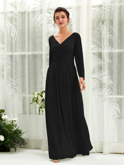 Black Bridesmaid Dresses Bridesmaid Dress A-line Chiffon V-neck Full Length Long Sleeves Wedding Party Dress (81220315)#color_black
