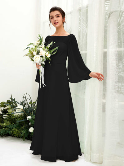 Black Bridesmaid Dresses Bridesmaid Dress A-line Chiffon Bateau Full Length Long Sleeves Wedding Party Dress (81220515)#color_black
