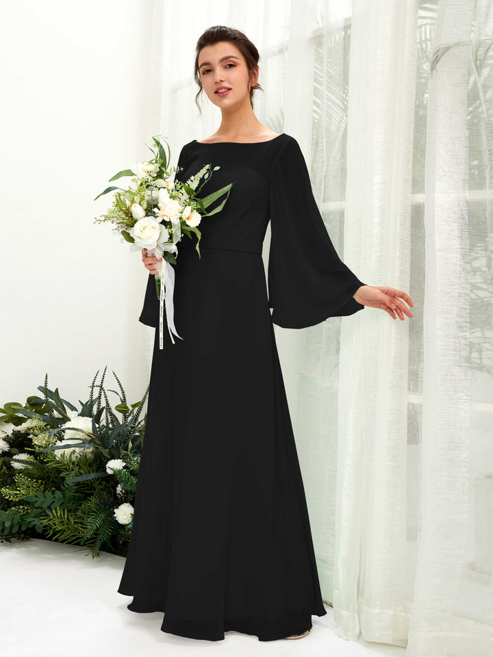 Black Bridesmaid Dresses Bridesmaid Dress A-line Chiffon Bateau Full Length Long Sleeves Wedding Party Dress (81220515)