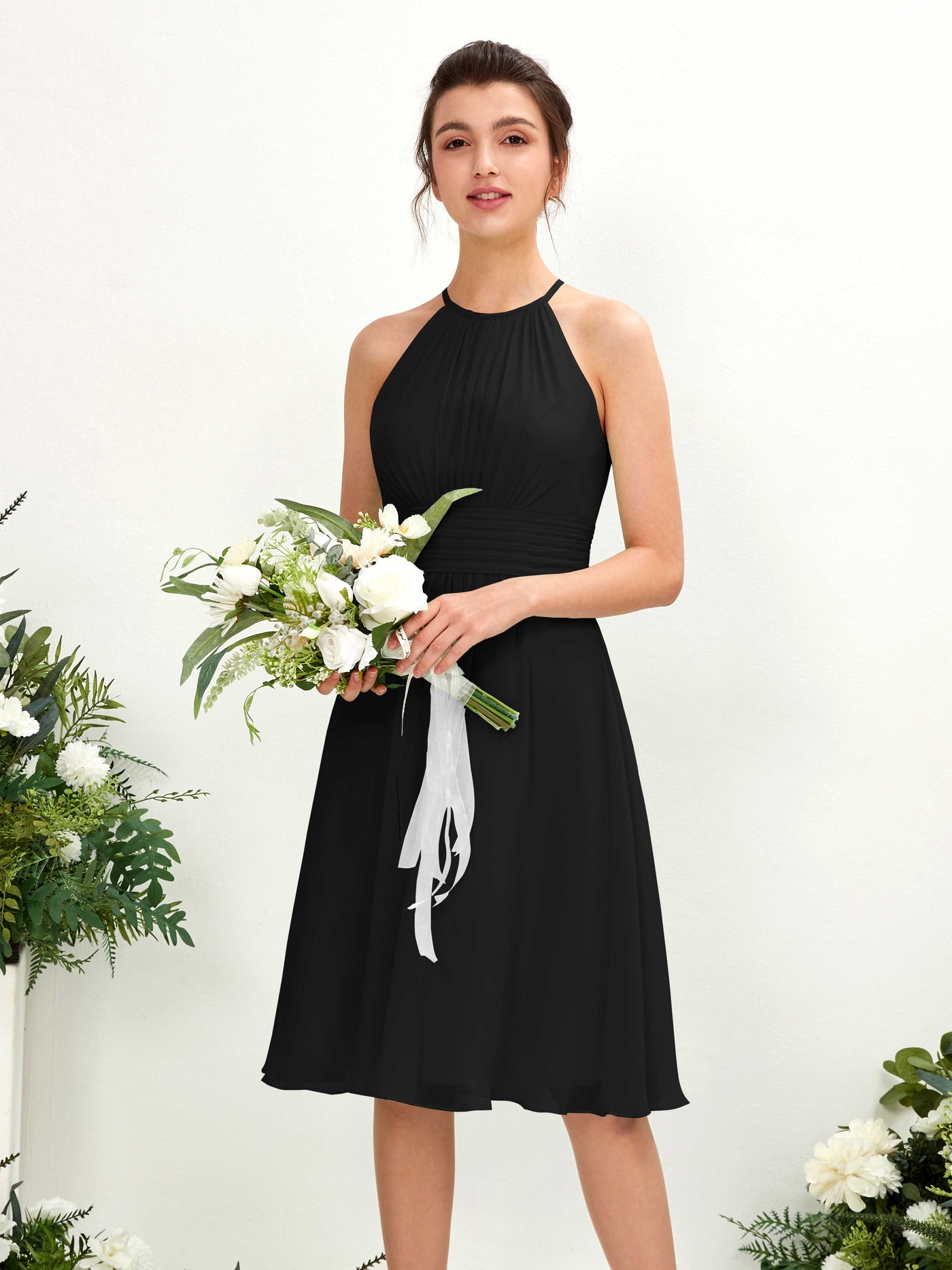 Black Bridesmaid Dresses Bridesmaid Dress A-line Chiffon Halter Knee Length Sleeveless Wedding Party Dress (81220115)#color_black