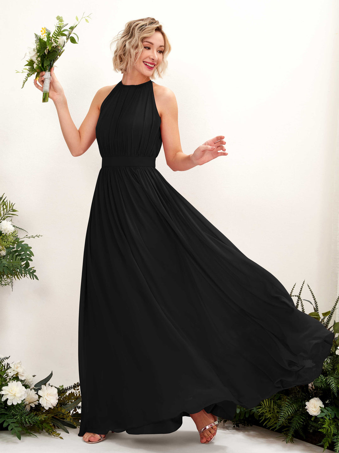 black chiffon bridesmaid dress S Halter V-Neck Maxi Floor Length Formal Gown Sleeveless Back Black Bridesmaid Dresses BABARONI