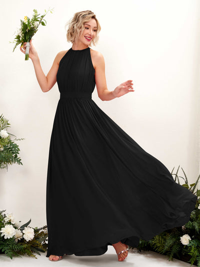 Black Bridesmaid Dresses Bridesmaid Dress A-line Chiffon Halter Full Length Sleeveless Wedding Party Dress (81223115)#color_black