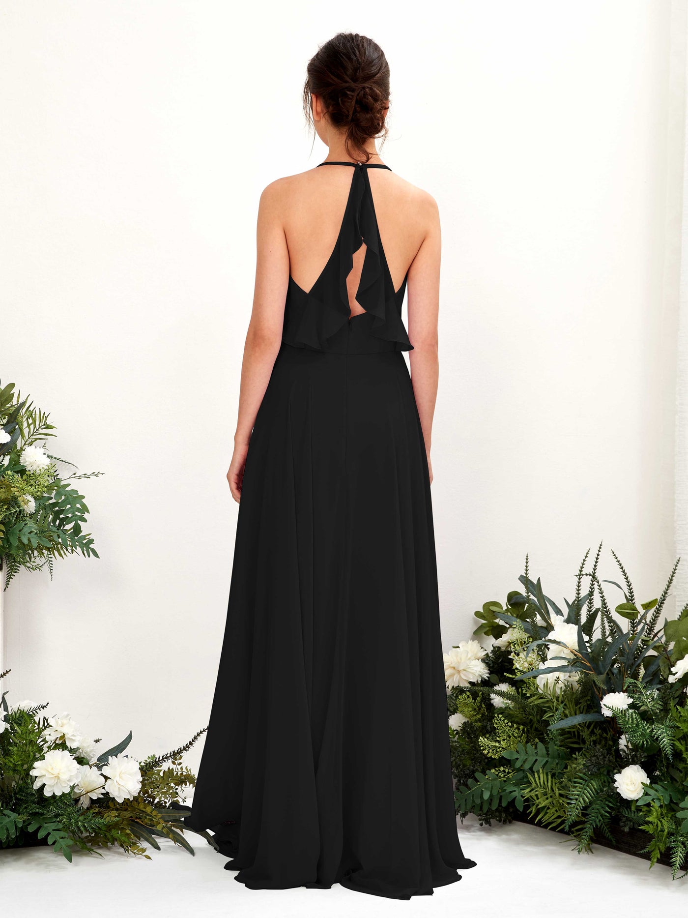 Halter V-neck Sleeveless Chiffon Bridesmaid Dress - Black (81221015)#color_black