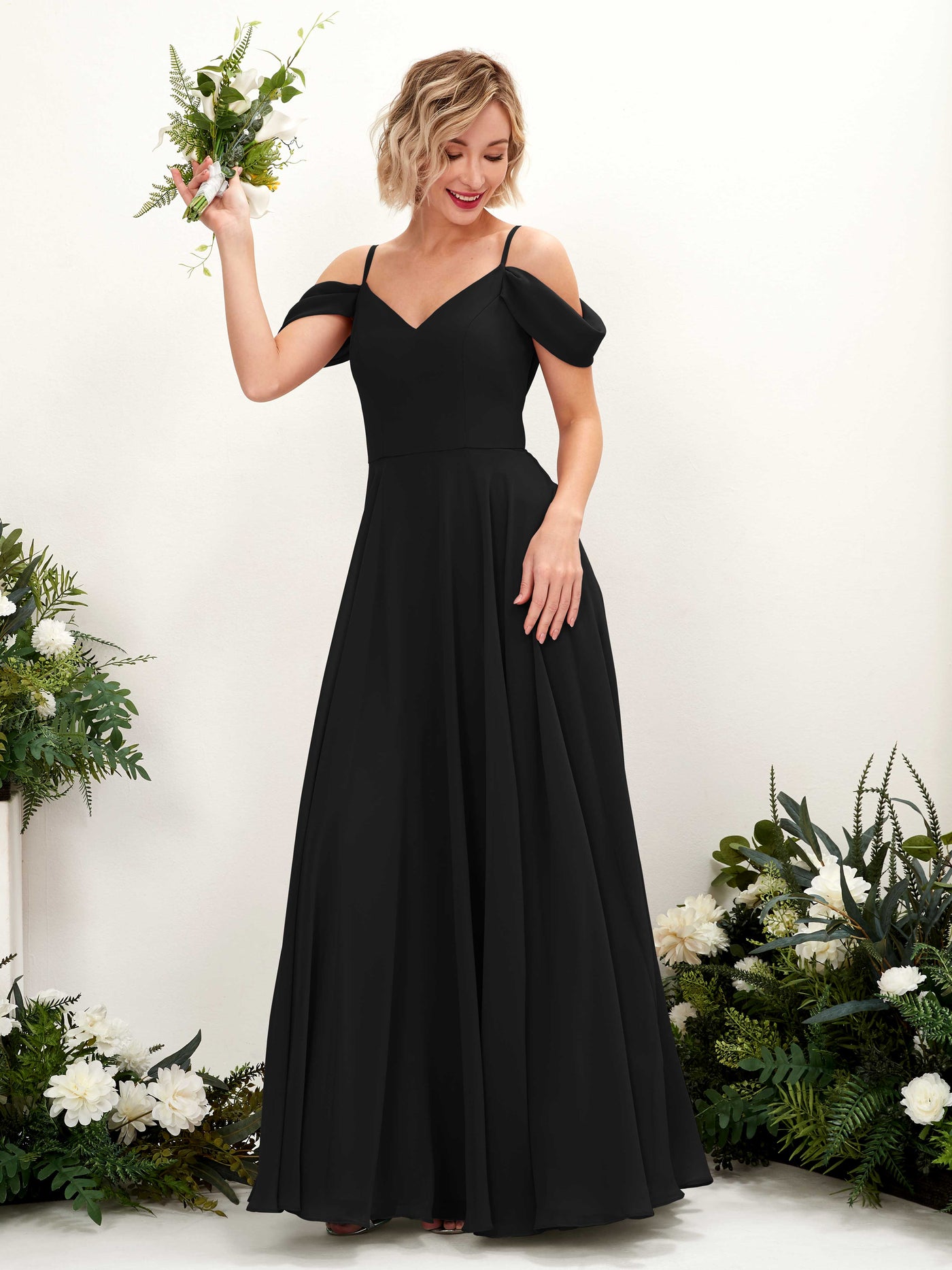 Black Bridesmaid Dresses Bridesmaid Dress A-line Chiffon Off Shoulder Full Length Sleeveless Wedding Party Dress (81224915)#color_black