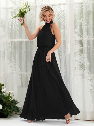 Carlyna Bess A-Line Black Bridesmaid Dress Maxi Sleeveless Halter Dress Front View #color_black