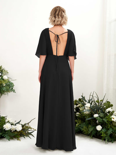 Carlyna Dhea A-Line Black Bridesmaid Dress Maxi Short Sleeve V-Neck Dress Back View #color_black