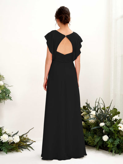 Carlyna Annie A-Line Black Bridesmaid Dress Maxi Cap Sleeve V-Neck Dress Back View #color_black
