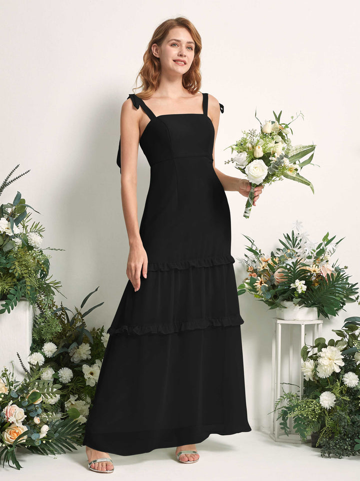 Bridesmaid Dress Chiffon Straps Full Length Sleeveless Wedding Party Dress - Black (81227515)