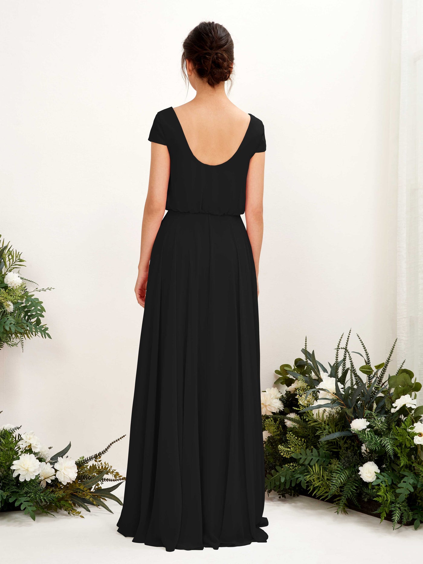 Black Bridesmaid Dresses Bridesmaid Dress A-line Chiffon V-neck Full Length Short Sleeves Wedding Party Dress (81221815)#color_black