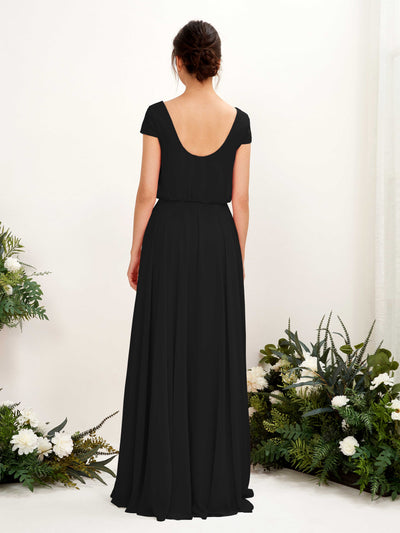 Carlyna Pauline A-Line Black Bridesmaid Dress Maxi Cap Sleeve V-Neck Dress Back View #color_black