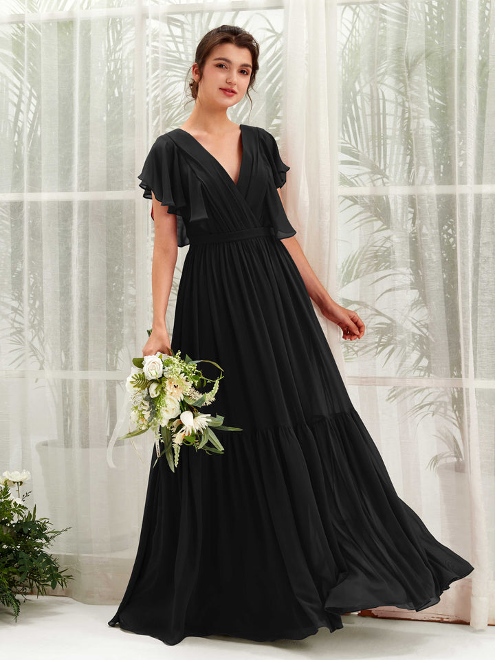Black Bridesmaid Dresses Bridesmaid Dress A-line Chiffon V-neck Full Length Short Sleeves Wedding Party Dress (81225915)