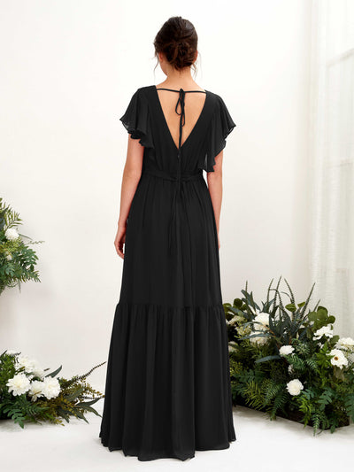 Carlyna Chaya A-Line Black Bridesmaid Dress Maxi Cap Sleeve V-Neck Dress Back View #color_black