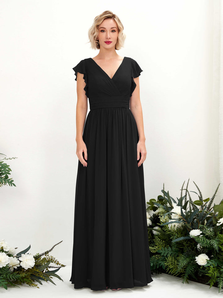 Black Bridesmaid Dresses Bridesmaid Dress A-line Chiffon V-neck Full Length Short Sleeves Wedding Party Dress (81222715)