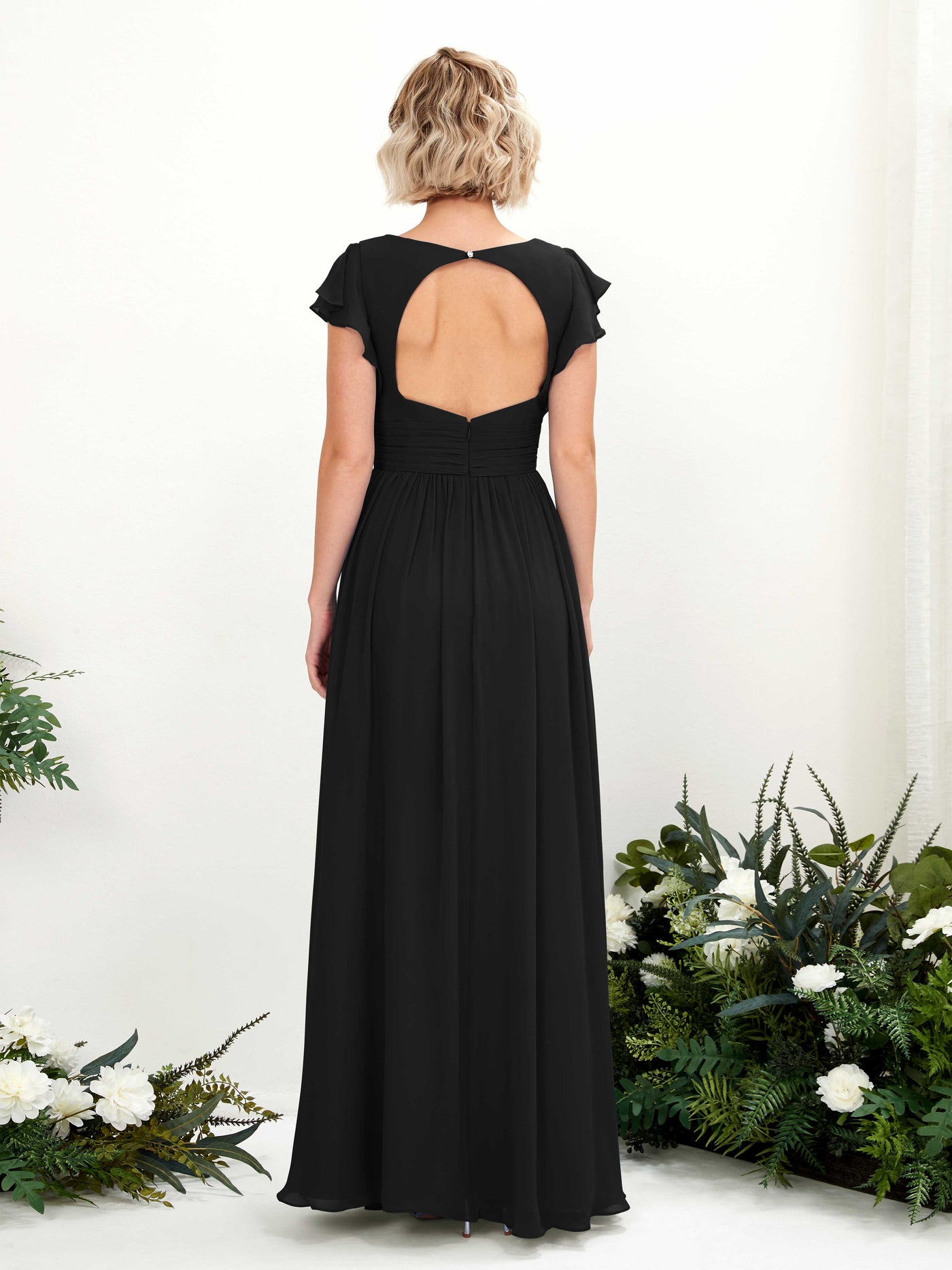 Black Bridesmaid Dresses Bridesmaid Dress A-line Chiffon V-neck Full Length Short Sleeves Wedding Party Dress (81222715)#color_black