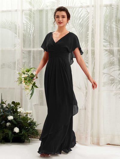Open back V-neck Short Sleeves Chiffon Bridesmaid Dress - Black (81226115)#color_black