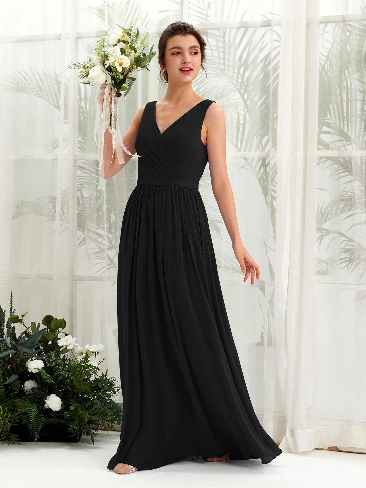 Black Bridesmaid Dresses Bridesmaid Dress A-line Chiffon V-neck Full Length Sleeveless Wedding Party Dress (81223615)#color_black